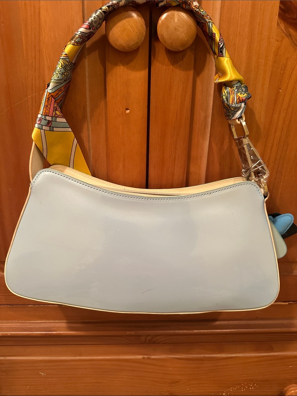 Beijo Pale Blue Patent Shoulder Bag with Yellow Scarf and Turquoise Charm - Picture 2 of 4